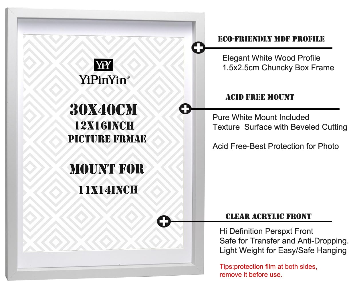 30x40cm(12x16'') White Boxed Photo Frame 3pack with acid free mount for 11x14'',16x12'' White Poster Frame with Acid Free AMount for 11x14'' - Image 4