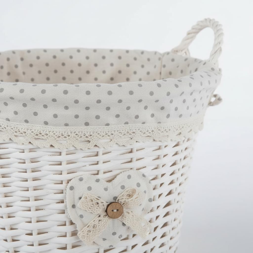 Set 3 Ceste in Vimini Naturale Foderate in Cotone Bianco Shabby Chic, Cestini Portaoggetti Intrecciati con Manici, Organizer Decorativi per Casa Soggiorno Camera da Letto Bagno