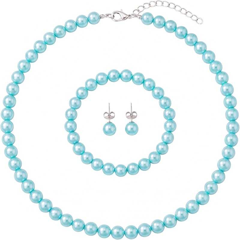 FORUBUS Imitation Pearl Jewelry Set for Women, 8mm Pearl Bead Necklace Earrings and Bracelet 3-Piece Set, 18" Round Faux Pearl Strand for Wedding, Bridal, Prom