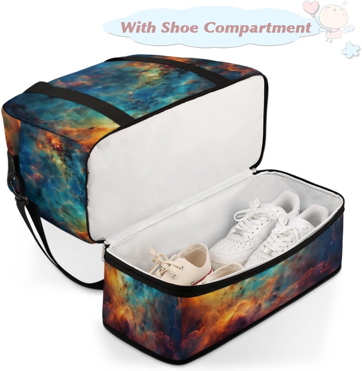 QsirBC Nebula Funny Texture Gym Bag for Women Duffle Tote with Shoes Compartment Men Weekender Duffel for Dance Travel Sports Swimming Overnight
