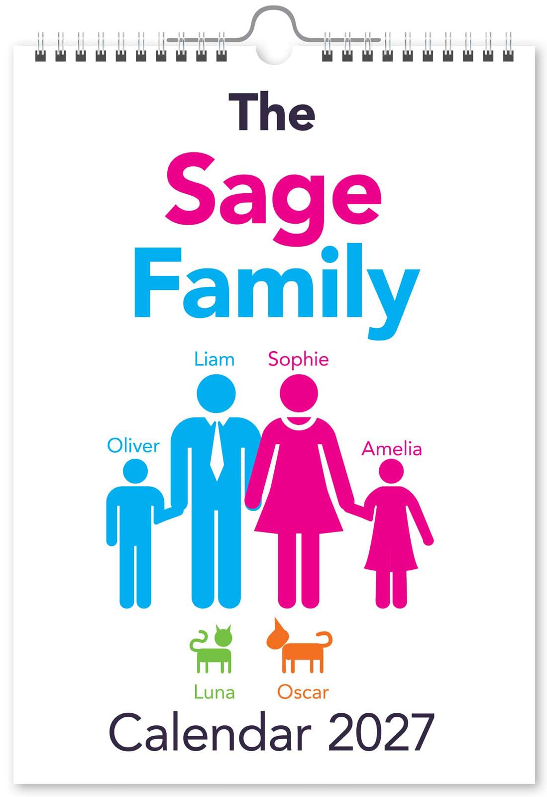 Personalised Family Wall Calendar 2027 - Custom Planner with Names & Optional Pets, A4-4 Family Members