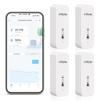 eMylo WiFi Thermometer Hygrometer, Wireless Indoor Temperature Humidity Sensor with App Alert & Data Storage, Smart Monitor for Home Bedroom Greenhouse, Alexa Compatible, Battery Included 4-Pack