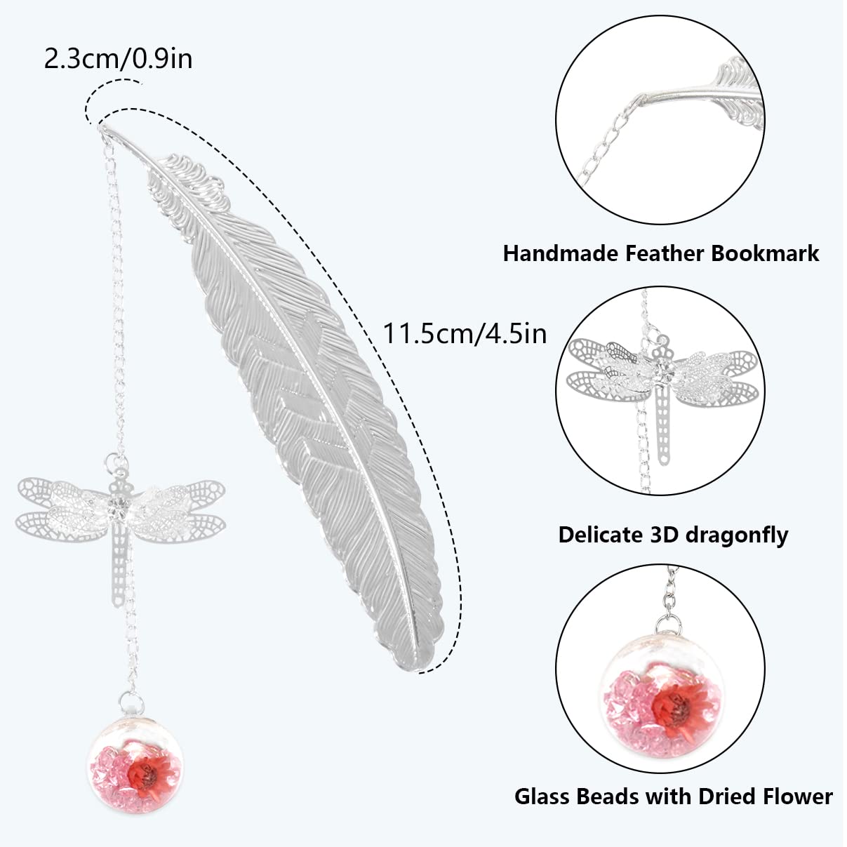 Nwvuop Metal Feather Bookmark with 3D Dragonfly Pendant, Silver Feather Pink Ball, Silver Feather Pink Ball(Red) - Image 2