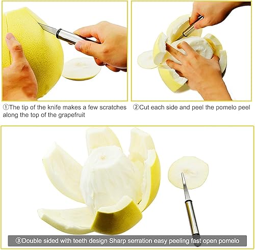 Miniatura 3 de Cucharas y cuchillos de pomelo, 4 cucharas de acero inoxidable y 1 cuchillo curvado con borde dentado, juego de utensilios de frutas cítricas para