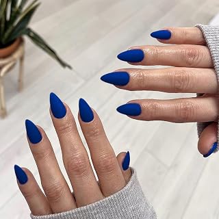 48PCS Matte Loyal Blue Press on Nails Medium,SXVME Gel Nails Almond Nails Press ons,Stiletto Fake Nails Glue on Nails Medium Length,Reusable Acrylic Nails False Nails for Women