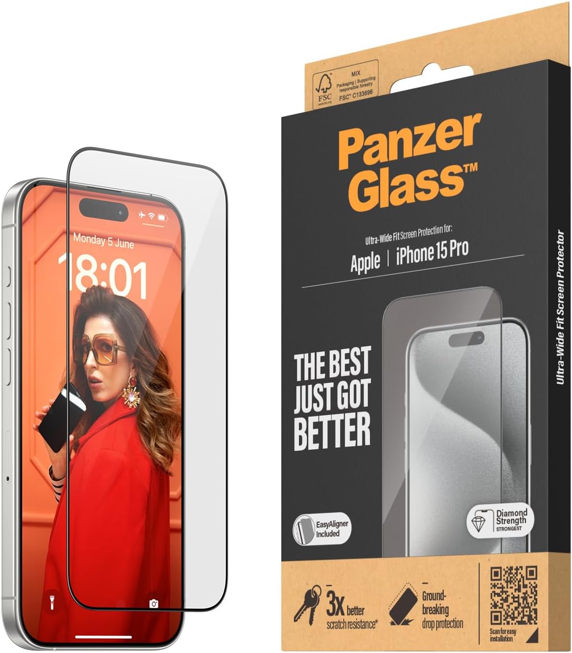 PanzerGlassScratch-Resistant Screen Protector for Apple iPhone 15 Pro - Ultra-Wide Fit and Crystal Clear Display, Shock-Resistance and Drop Protection with mounting aid for easy installation