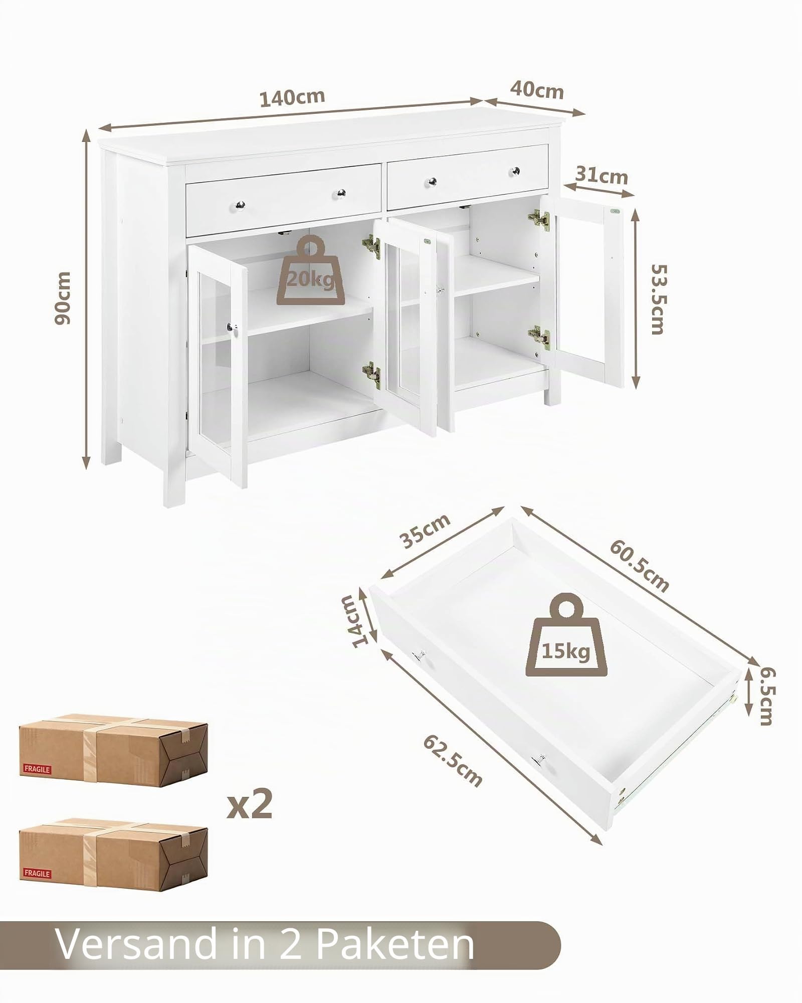 küchenschrank weiß Küchenregal Kaffeebar Landhausstil Sideboard mit 2 Schubladen Mikrowellenhalter Kaffeestation für Küche Esszimmer Stabiler Vintage Ablage 140x40x90 cm