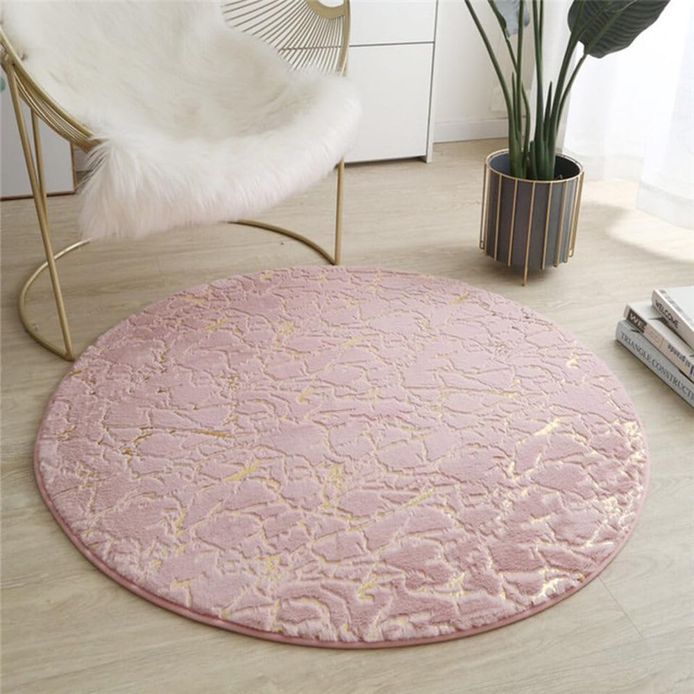 Tapis rond doux moelleux salon de bain texture marbre doré diamètre 160 cm