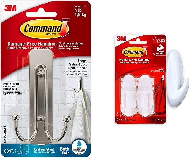 Command Bathroom Large Double Hook, Pack of 1 Hook and 1 Adhesive Strip, Metal - Damage Free Hanging - Holds up to 1.8 kg & Command 17081 Damage Free Medium Hooks 2 Pack , White