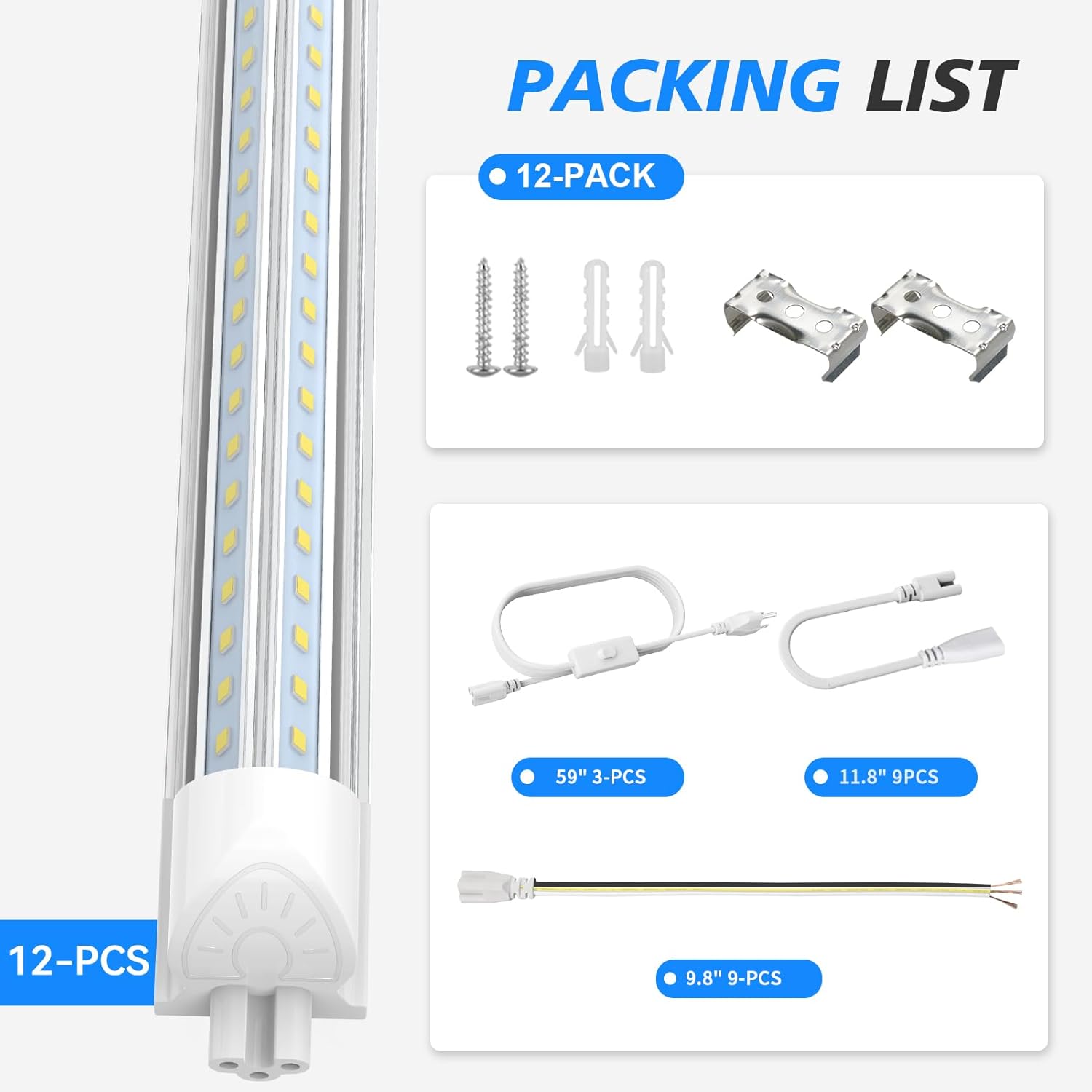 SHOPLED 8FT Shop Light 100W 15000LM 6500K | 12-Pack Linkable V-Shape Led Shop Light | Plug & Play T8 Tube Lights for Garage, Warehouse, Basement | Ultra Bright Energy-Saving ETL (5000K, 12 Pack)