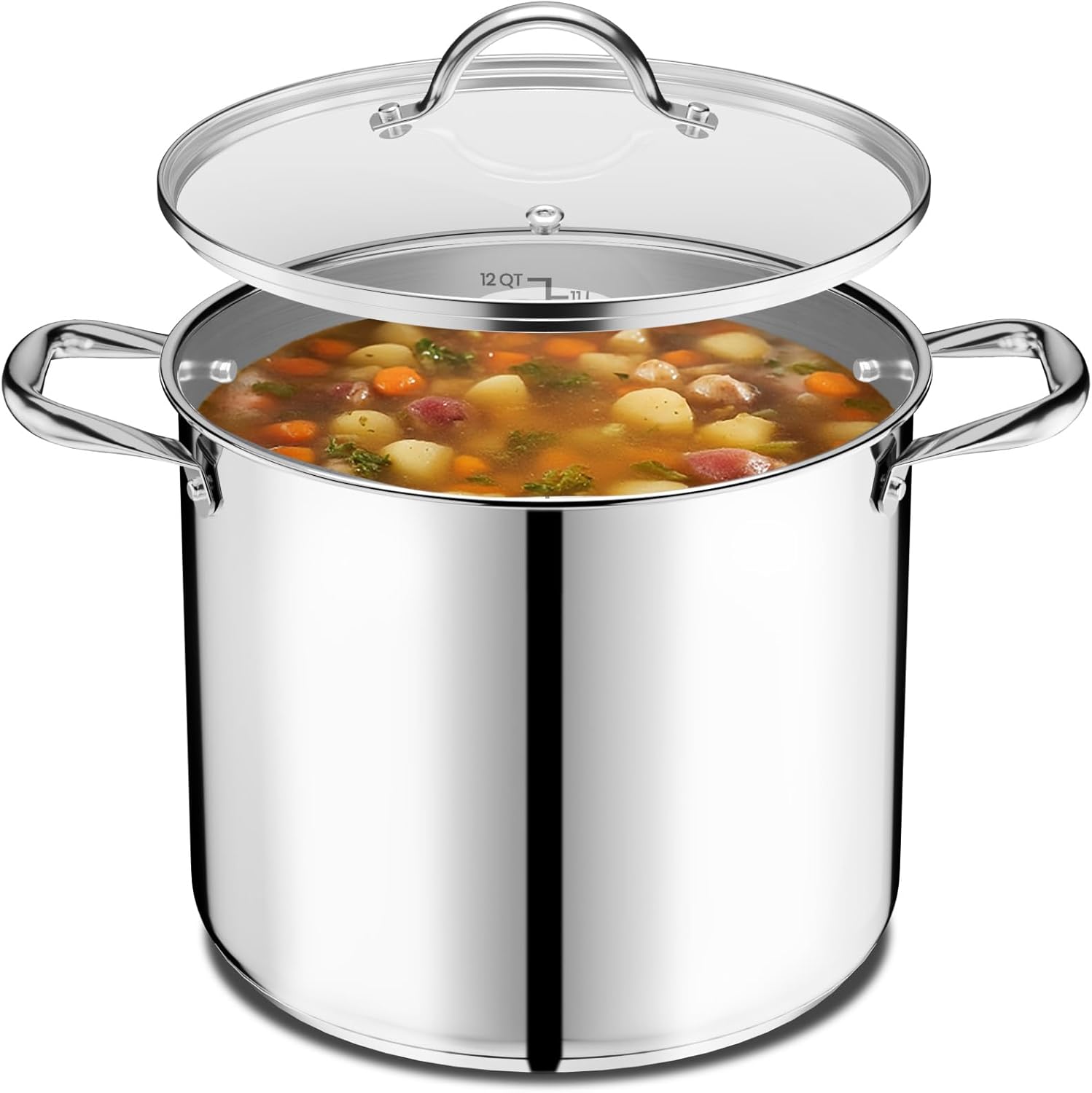 Stainless Steel Stockpot with Tempered Glass Lid 12 Quart, Durable 18/0 Stainless Steel, Impact-Bonded Base for Even Heating, Riveted Handles, Oven & All Stove Compatible, Safe Up To 500°F (260°C) 12 Quarts