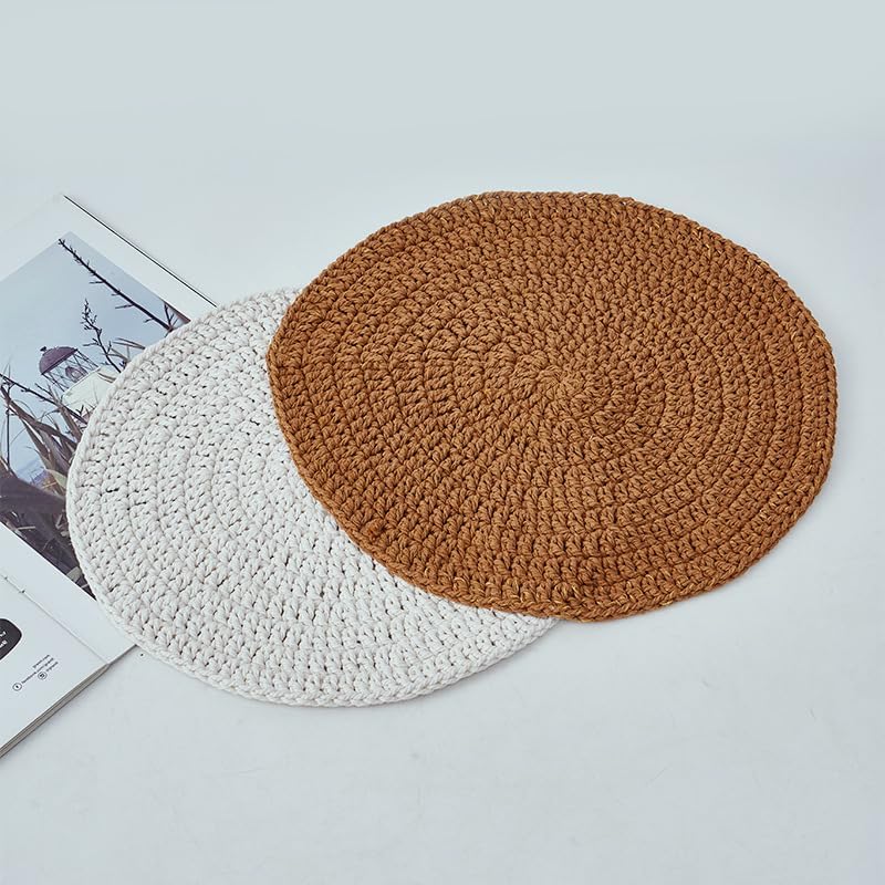 Handwoven Nordic Round Placemat, Heat Resistant Non Slip Table Mat with Optional Fringe 40cm 30cm (Brown) 2PK