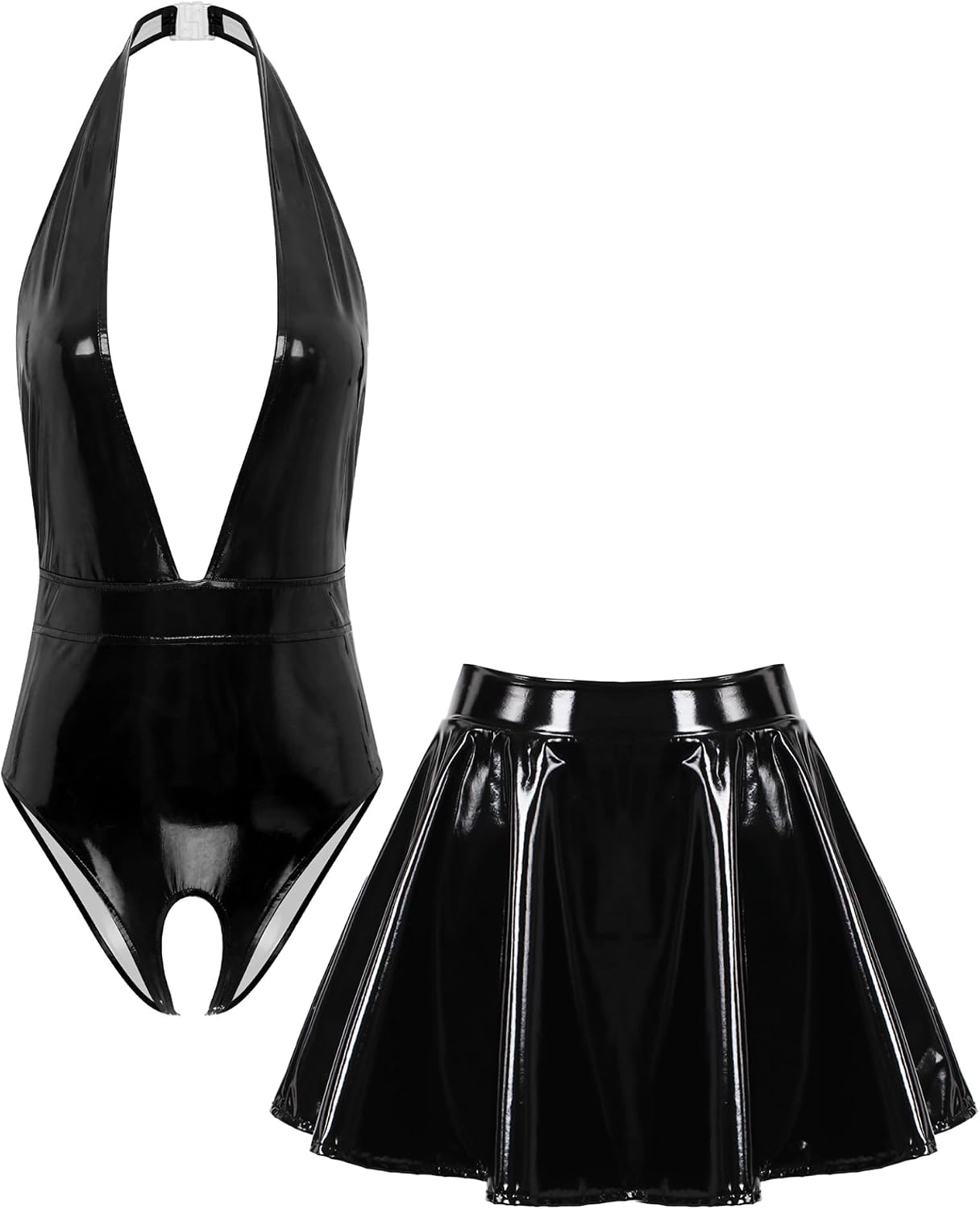 Linjinx Women's Shiny Metallic Leather Chemise Nightwear Sleeveleses Hollow Out Leotard with Skirts
