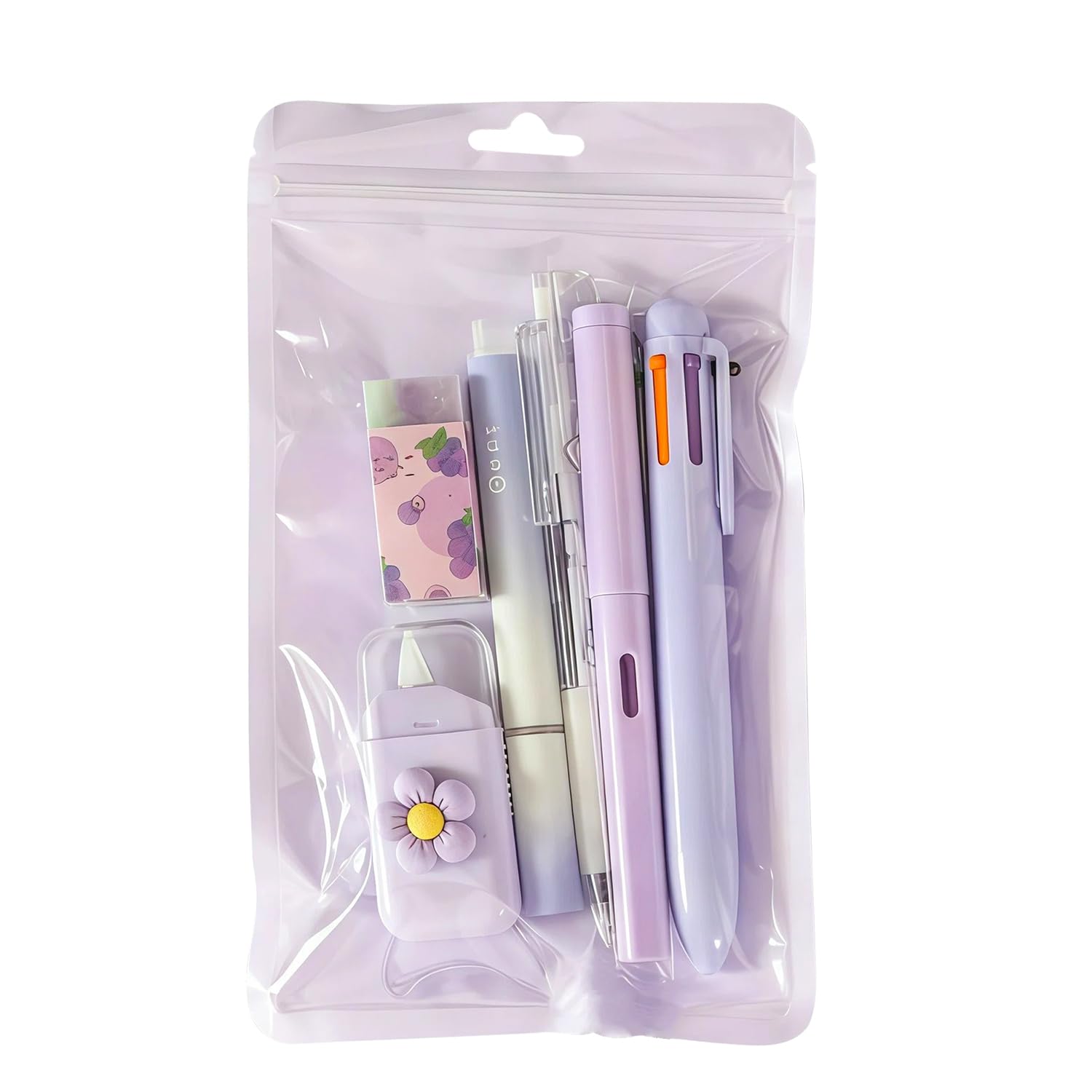 Set di 6 articoli di cancelleria viola per donne - Mini forniture kawaii per ufficio e scuola con penna a sfera, penna gel, evidenziatore, matita eterna, correttore a nastro, gomma