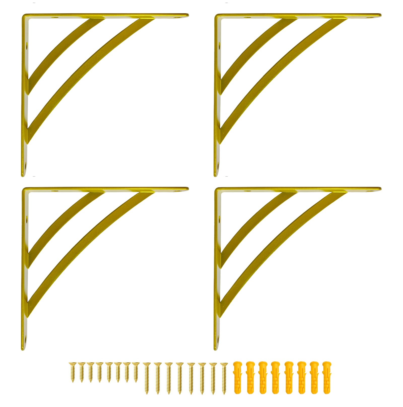 Z METNAL Staffe per mensole dorate, 200 mm, versatili ad angolo retto da parete, per ponteggi, decorazione da parete moderna in ottone, per scaffalature fai da te, 4 pezzi