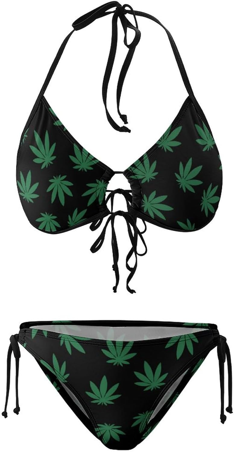 Swimsuits Cannabis Leaf Marijuana Herb Weed Bikini Set with Bra and Strappy Triangle Briefs for Women