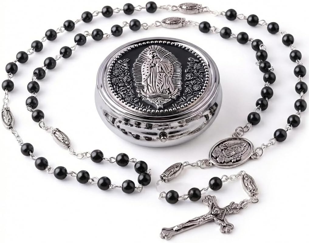 6mm Glass Pearl Catholic Rosary for Men and Women: Our Lady of Guadalupe Icon/O Mary Conceived Without Sin Pray for Us/Black Hematite Beads with St. Benedict Medals,Crucifix Centerpiece & Premium Metal Gift Box，Timeless Spiritual Treasure