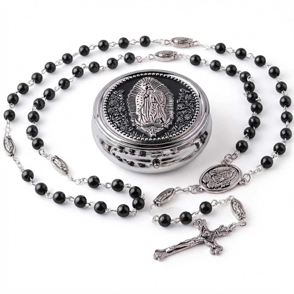 6mm Glass Pearl Catholic Rosary for Men and Women: Our Lady of Guadalupe Icon/O Mary Conceived Without Sin Pray for Us/Black Hematite Beads with St. Benedict Medals,Crucifix Centerpiece & Premium Metal Gift Box，Timeless Spiritual Treasure