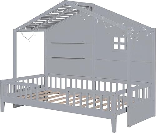 Miniatura 50 de KLMM Cama de madera de tamaño matrimonial con valla y puerta, marco de cama de madera para niños o niñas, se puede decorar (valla blanca + puerta)
