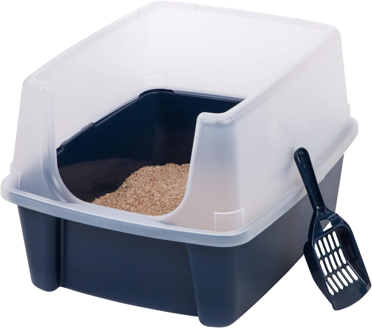 IRIS Open-Top Cat Litter Box with Shield and Scoop, Navy