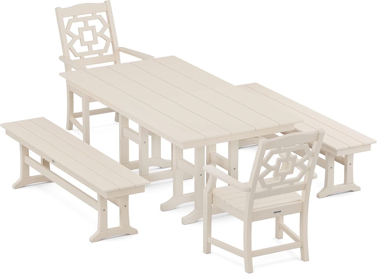Martha Stewart POLYWOOD Chinoiserie 5-Piece Farmhouse Dining Set with Benches in Sand - Durable Outdoor Patio Furniture