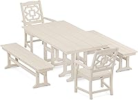 Martha Stewart POLYWOOD Chinoiserie 5-Piece Farmhouse Dining Set with Benches in Sand - Durable Outdoor Patio Furniture