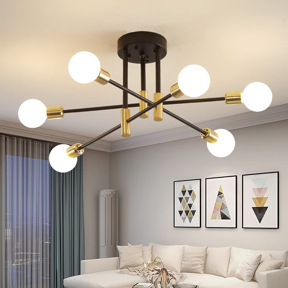 Industrial Dormitorio E27 Luces De Techo Moderno Suspensión Sala Candelabro Negro Metal Sputnik Lámpara De Techo Ángulo Ajustable De 180 ° 6 Luces Semi-Incasso Semi Empotrado Candelabro
