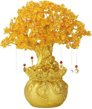 Feng Shui Money Tree with Citrine Crystals in Golden Money Bag Good Luck Charm for Prosperity & Wealth Crystal Tree for Home, Office Decor 7-Inch Prosperity Fortune Tree