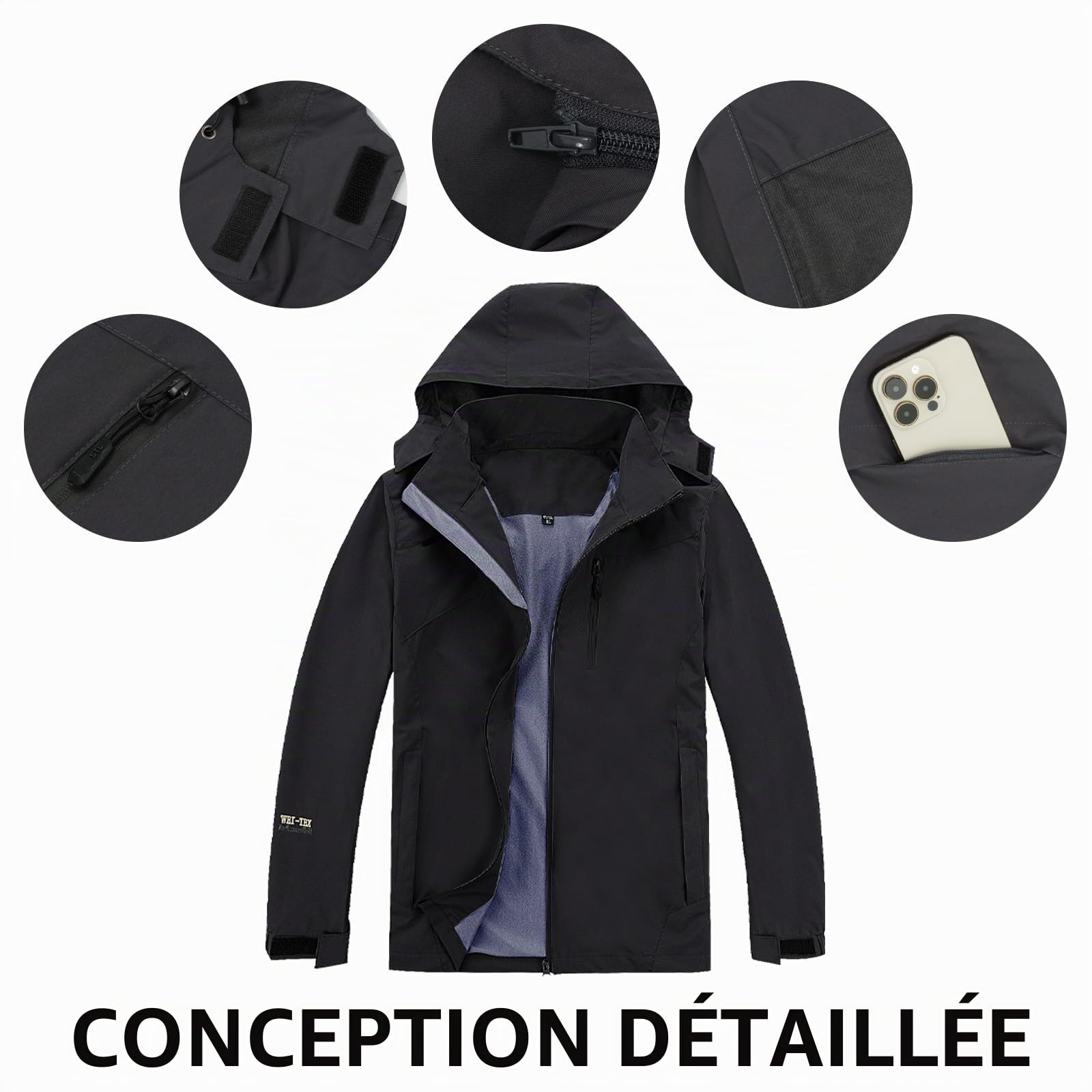 Hommes Extérieur Imperméable Veste de Pluie Respirante Doublée de Randonnée Manteau de Pluie Coupe-vent Avec Capuche Détachable et Poche à Fermeture éclair