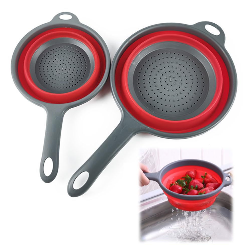 Comioke Collapsible Colander Set, 2pcs Folding Colander, Foldable Filter Drain Baskets, Collapsible Strainer, Red