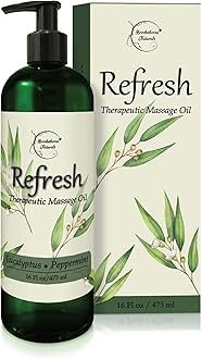 Refresh Massage Oil for Massage Therapy with Eucalyptus & Peppermint Essential Oils - All Natural, Great for Sore Muscles. Ideal for Full Body Relaxation – Nut Free Formula 16oz