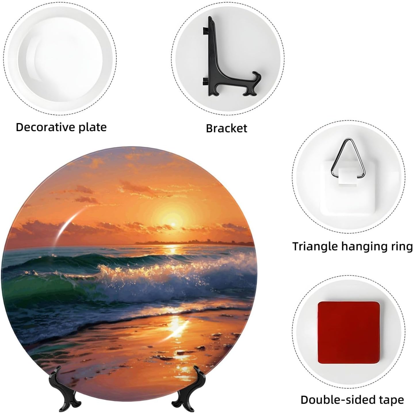 Decorative Plate 10in Bone China Dessert Plates with Display Stand Ceramic Ornament Ceramic Sunset Seaside Decorative Plates Art Crafts Porcelain Plate for Home Club Living Room