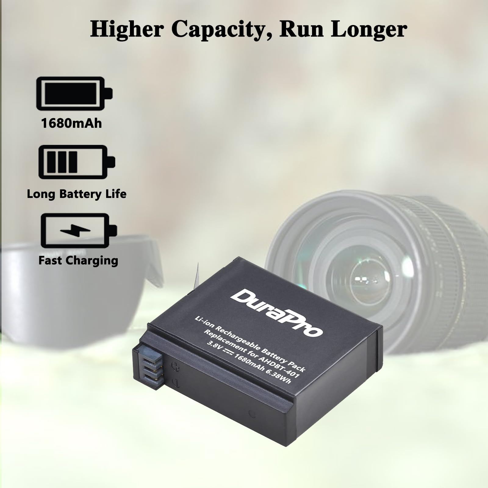 DuraPro Batterie ahdbt - 401 (Pack de 4) 1680mah + LCD Double Chargeur USB pour gopro Hero 4 Noir/Argent Appareil Photo