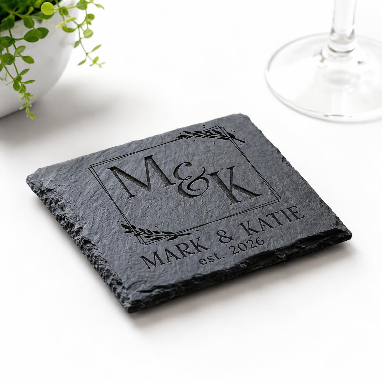 Personalised Slate Coasters for Drinks | Custom Coasters Engraved with Initials | Square Slate Coaster Set | Housewarming Gifts | Wedding Gift | Wedding Present for Bride and Groom