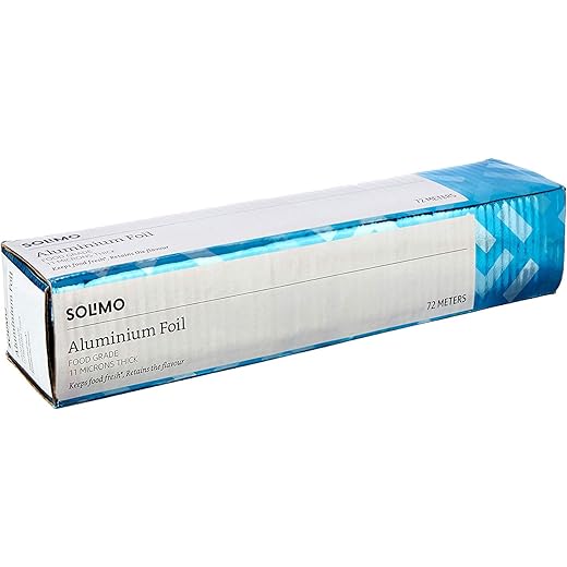 Amazon Brand - Solimo Aluminium Foil | 72 Meter | 11 Microns Thick | Food Grade | Cutter Included | Foil Paper for Food Wrapping | For Food Packing, Baking, Roasting