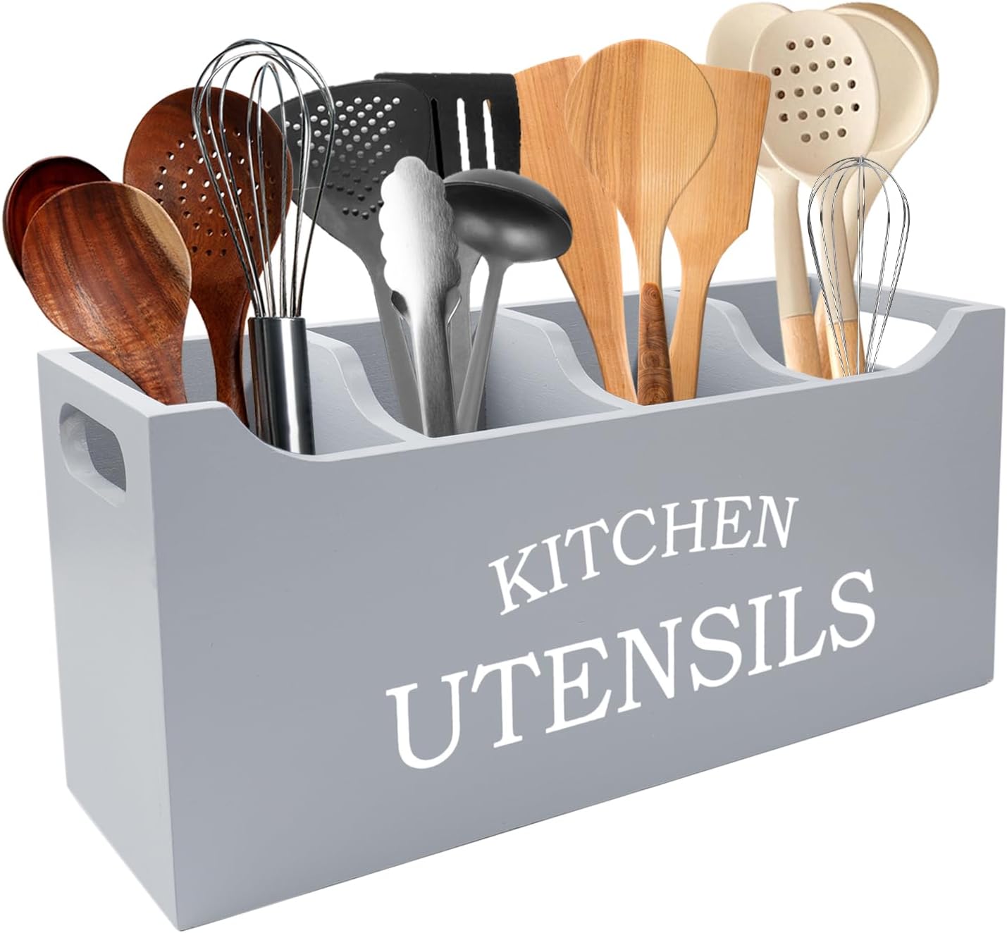 Kitchen Utensil Holder with Drainage Bottom, Extra Large 4 Compartments Solid Real Wood Utensil Organizer for Kitchen Counter, Farmhouse Cooking Tools Storage for Countertop, Grey