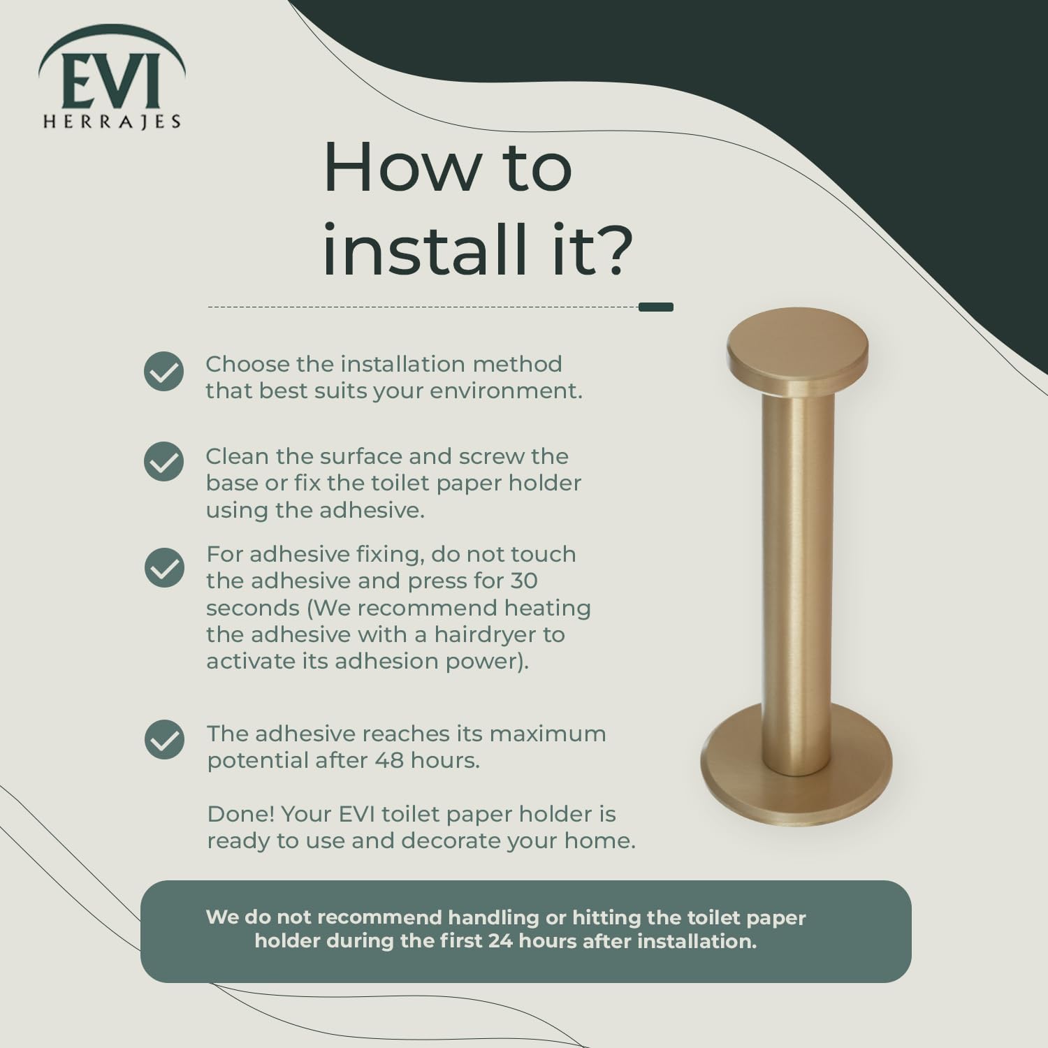 EVI Herrajes | Toilet Paper Holder | Adhesive or Screw Mount | Matte Brass | Model 050TPH1DUALLMT