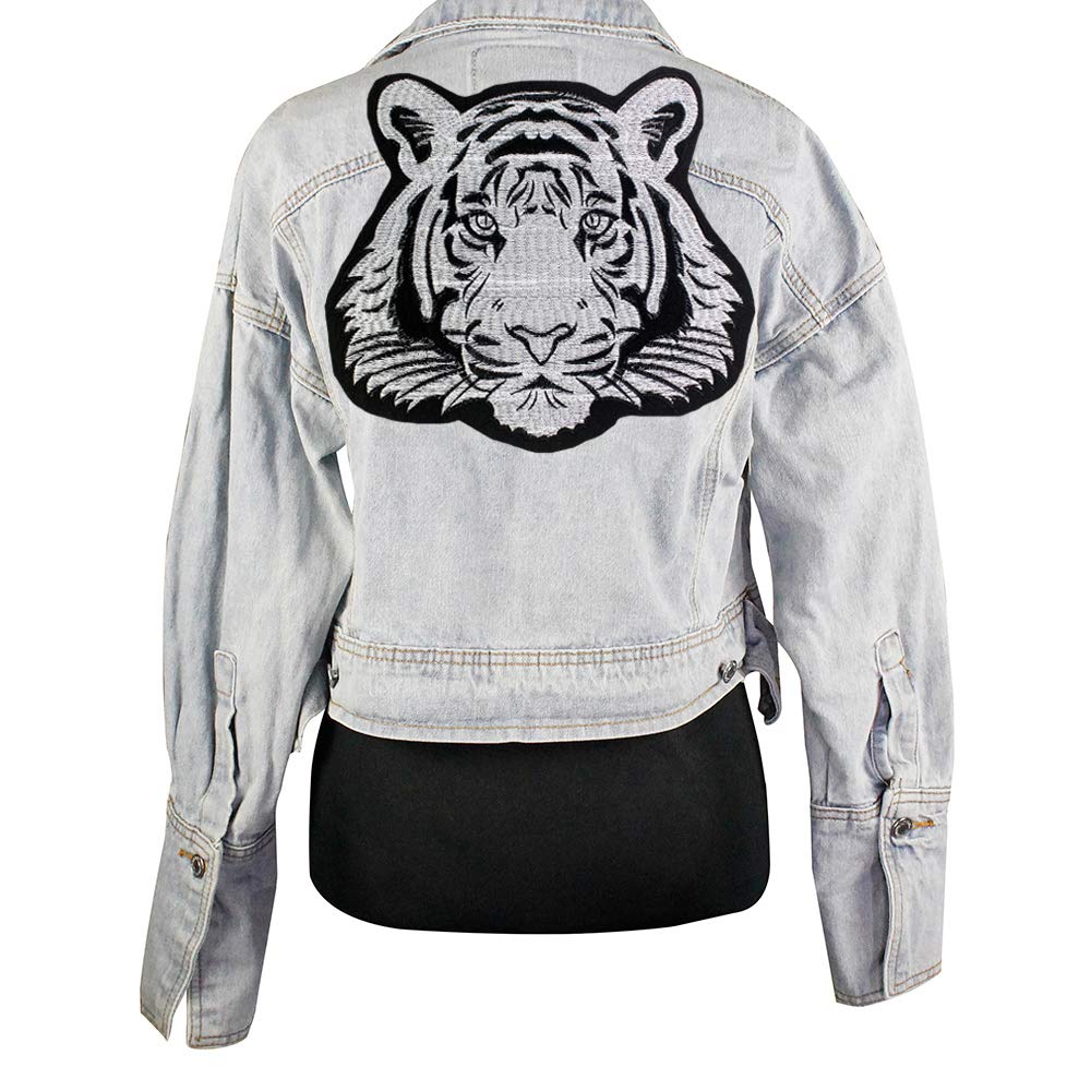Large Size Tiger Biker Patch for Jacket Backing, Punk Motorcycle Embroideried Iron on Badge Tiger Patch Garment Accessory (White)