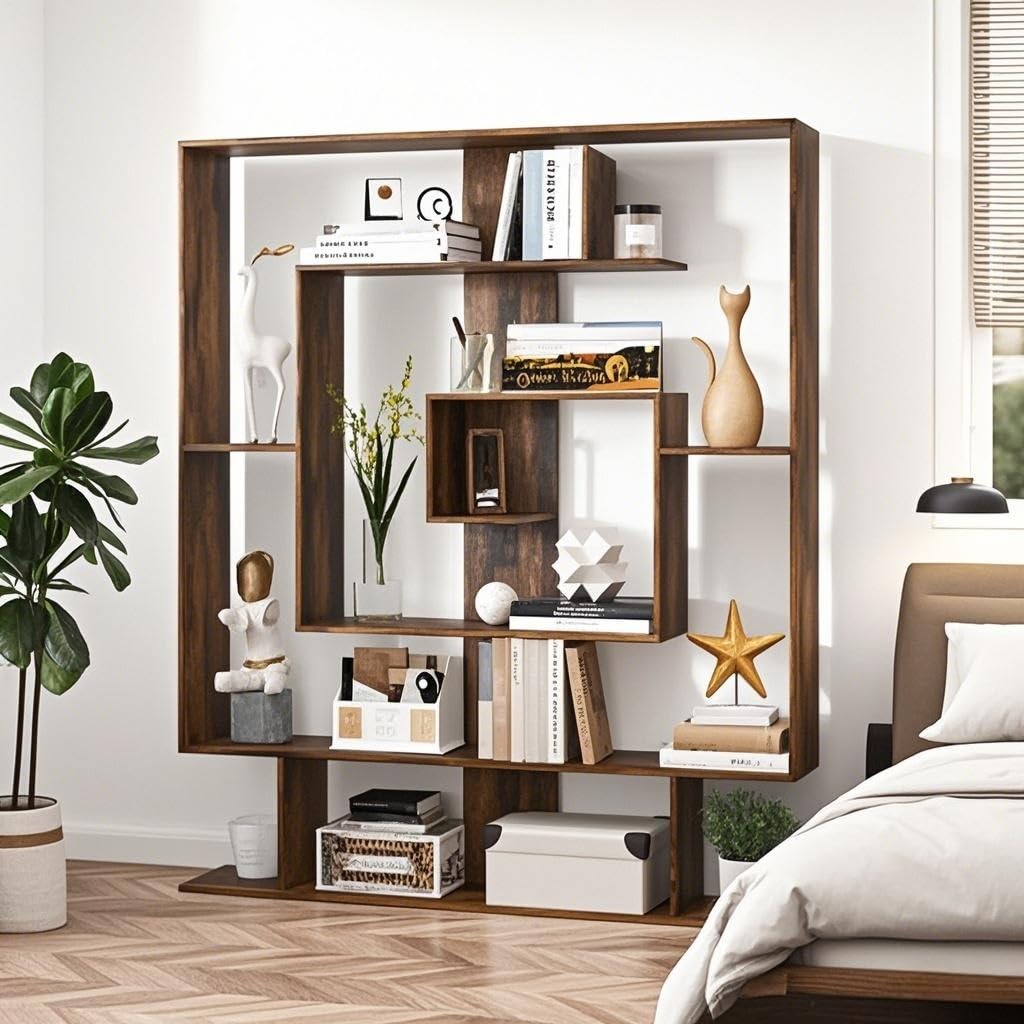 HOMASIS Libreria da Parete Geometrica con 7 Scomparti, Scaffale in Legno con Protezione Anti-Ribaltamento, Espositore Moderno, Libreria Divisoria Ambiente per Soggiorno, 125 x 22 x 150 cm (Marrone)