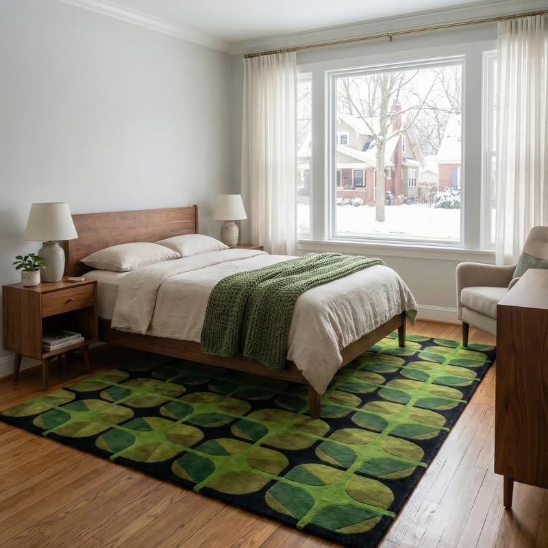 Hand-Tufted Wool Area Rug (8x12 Ft) - Green and Black Geometric Design, Modern Minimalist Carpet for Living Room, Bedroom, and Office