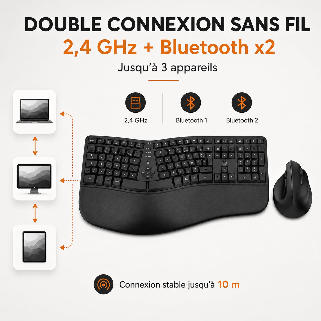 Mobility Lab Ergo C30W Combo Clavier + Souris Sans Fil Ergonomique - Inclinaison Ajustable, DPI Réglables - Repose-Poignets Mémoire de Forme - AZERTY - Bureau, Maison, Gaming, Sans Câbles
