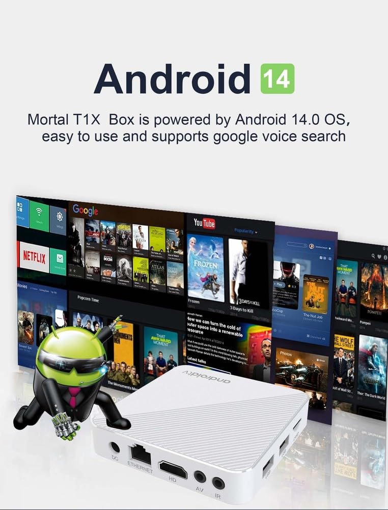 Décodeur TV Android 14.0, Mortal T1xtvbox Allwinner H313 Quad Core 64 Bits, Compatible HD 4K/ 3D/ H.265, Ethernet 2.4/5G, Double Wi-FI 10/100M, Bluetooth 5.0