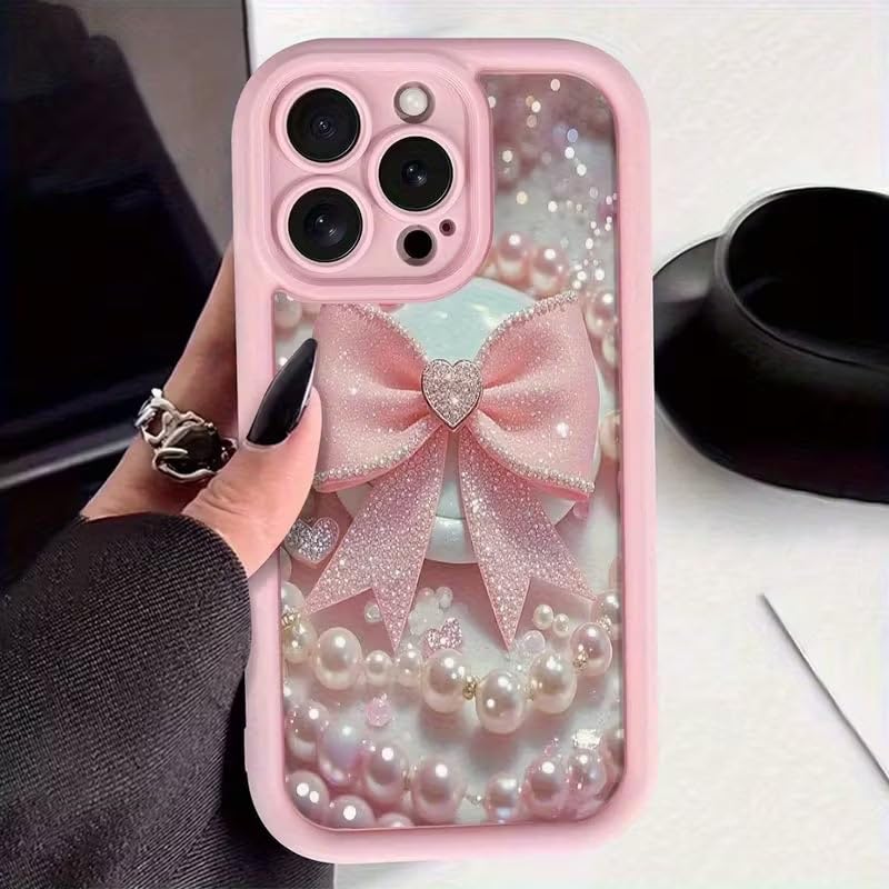 Image of COVERLY Cute Necklace Bowknot Back Case Cover for iPhone 12 Pro | Hot Pastel Pink Ribbon Bow Pearl Design | Camera Lens Protection | Soft Silicone Aesthetic Cover for Girls & Women (Pink, Shockproof)