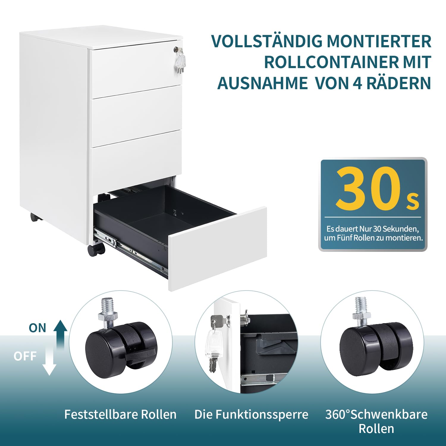 Rollcontainer mit Schubladen, Mobiler Aktenschrank unter Schreibtisch, Abschließbarer Büroschrank, Druckertisch, 4 Schubladen 4 Schlüssel, Vormontiert, Büro, Homeoffice, Weiß