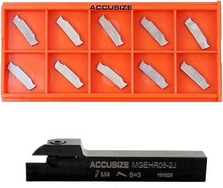 Accusize Industrial Tools 1/2" x 1/2'' Cut-Off Holder, Parting Tool, Mgehr08-2 of 2387-2004 with 10 Carbide Inserts for Cutting Aluminum