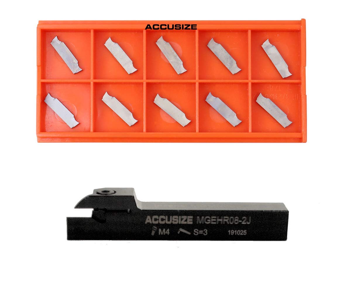 Accusize Industrial Tools 1/2" x 1/2'' Cut-Off Holder, Parting Tool, Mgehr08-2 of 2387-2004 with 10 Carbide Inserts for Cutting Aluminum