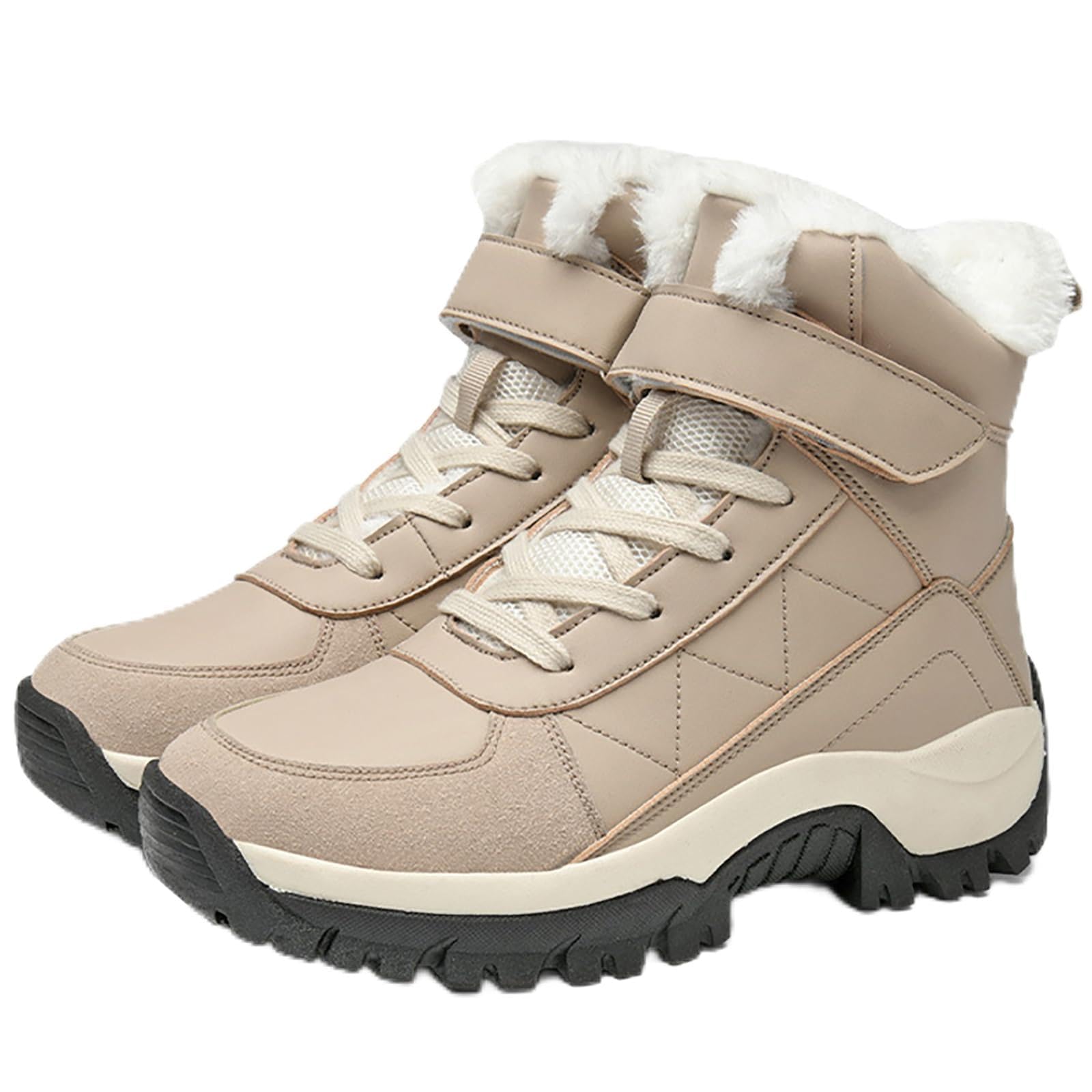 Womens Waterproof Winter Snow Boots Plus Velvet Warm Lightweight Anti-Slip Outdoor Mid-Calf Booties With Adjustable Hook And Loop