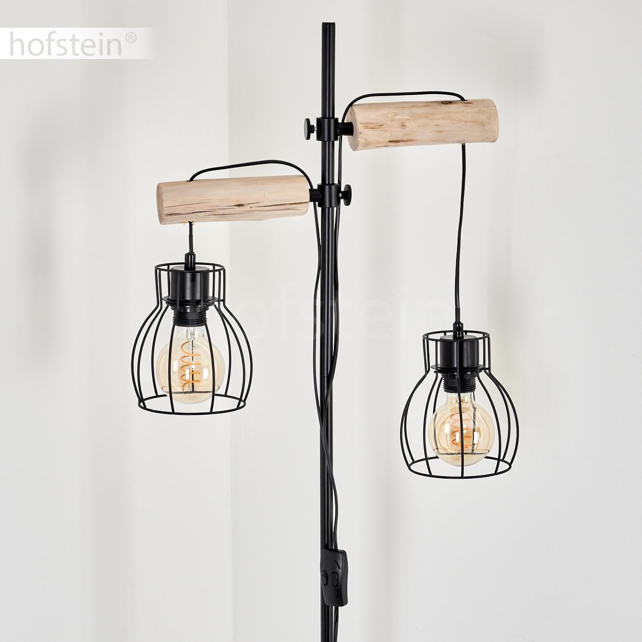 hofstein Lámpara de pie Gondo vintage de metal/madera en negro/negro, 2 luces, 2 x casquillo E27, lámpara de pie en diseño retro/vintage en óptica de celosía con interruptor on/off, sin bombilla(s)