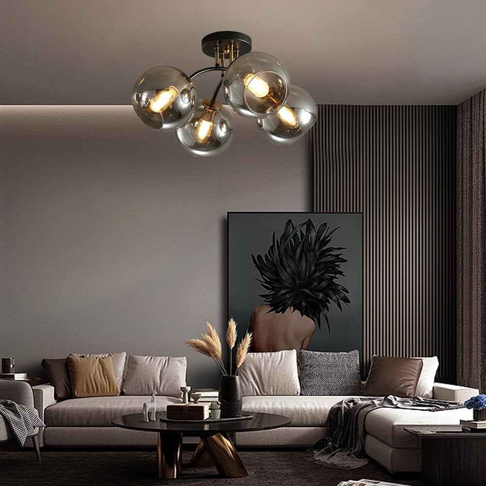 Globo Sputnik Lampadario in vetro Fagiolo magico Molecola Appeso Illuminazione a soffitto Plafoniera in ferro per Agriturismo Soggiorno Sala da pranzo Cucina Camera da letto (4-Luce,Grigio)