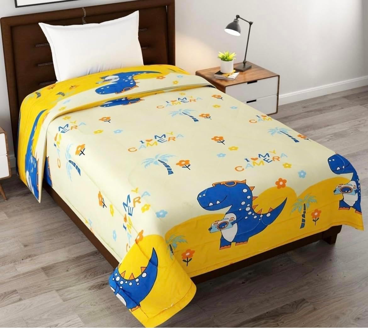 Kids Comforter Blanket Soft & Cozy Reversible Quilt for Boys & Girls Kids Lightweight All Season Crib Cute Cartoon Print Machine Washable (Dino in Beach Yellow, Single Bed)-image-29